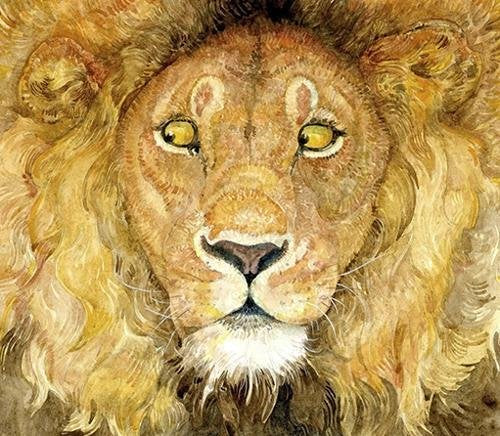The image depicts a lion's face with a shaggy mane and yellow eyes. Alt text: Lion's face with shaggy mane and yellow eyes.