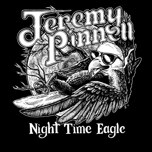 Black and white illustration of anPinnell's Night Time Eagle wearing sunglasses against a moon.