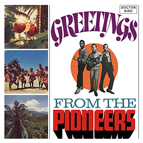 Album cover for "Greetings From The Pioneers" featuring musicians and tropical scenes.