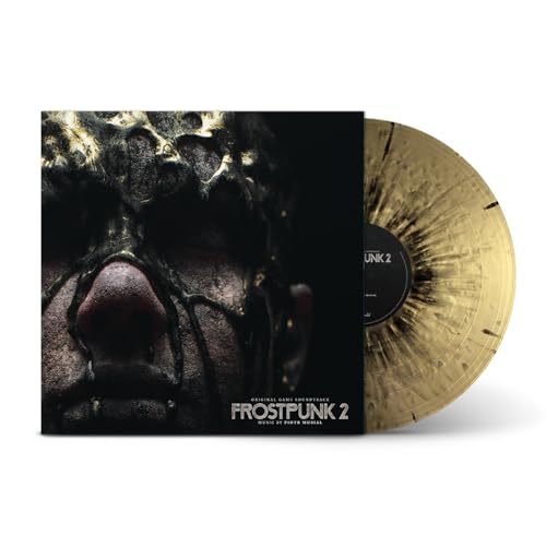 Frostpunk 2 vinyl record with textured cover and golden-splatter disc.