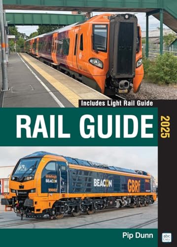 Cover of “abc Rail Guide 2025” featuring orange trains at a station.