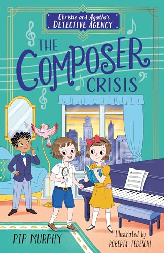 Two children and a detective stand in a room with a piano and city view.