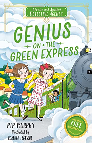 Book cover showing two young girls running alongside a green steam train.