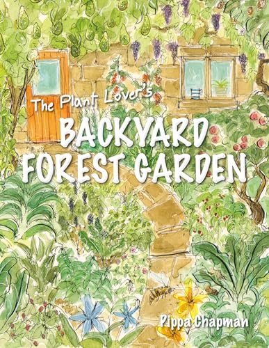 Watercolor illustration of a lush backyard garden with a stone path and cottage wall.