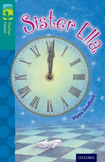 Book cover: "Sister Ella" with a clock face and glass slipper.