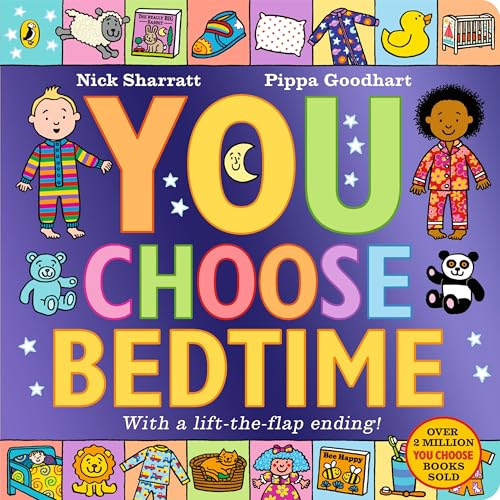 Children’s book cover, “You Choose Bedtime,” with colorful illustrations and text.