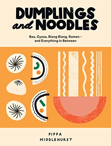Book cover with illustrated noodles and dumplings on an orange background.