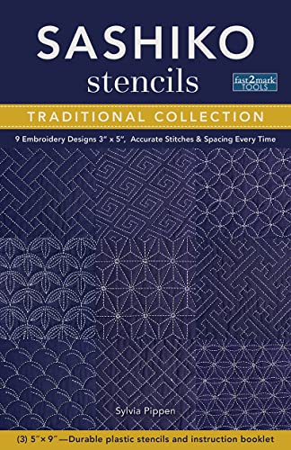 Sashiko stencil book cover displaying nine traditional Japanese embroidery designs.
