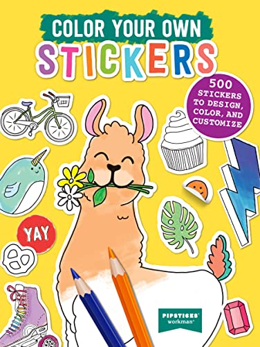 Book cover with line-art stickers, pencils, and colorful text reading "Color Your Own Stickers".