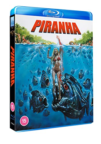 Piranha" Blu-ray cover with a woman surrounded by aggressive fish.