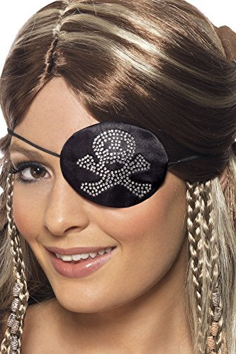 A woman wearing a black eyepatch with silver diamante skull and crossbones design.