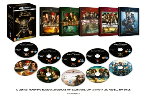 Pirates of the Caribbean Blu-ray box set with five movie covers and discs.