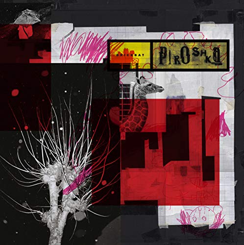 Collage album cover featuring a giraffe, branches, and red and black abstract shapes.