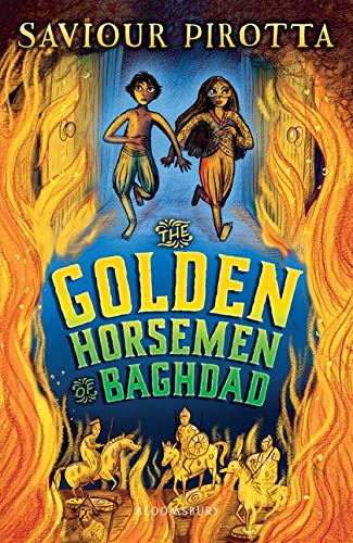 Book cover: two children running, golden horses, and fiery background.