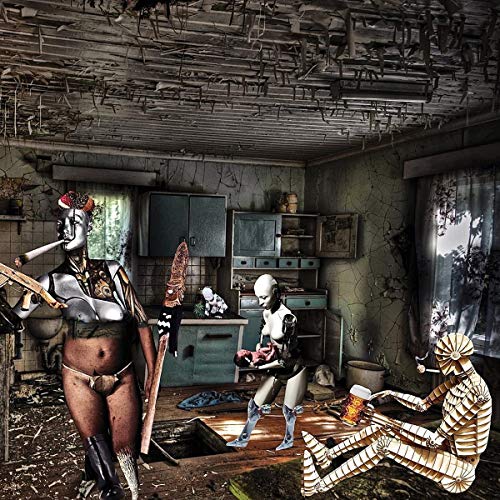 CD cover: surreal, decaying room with robotic figures and debris.