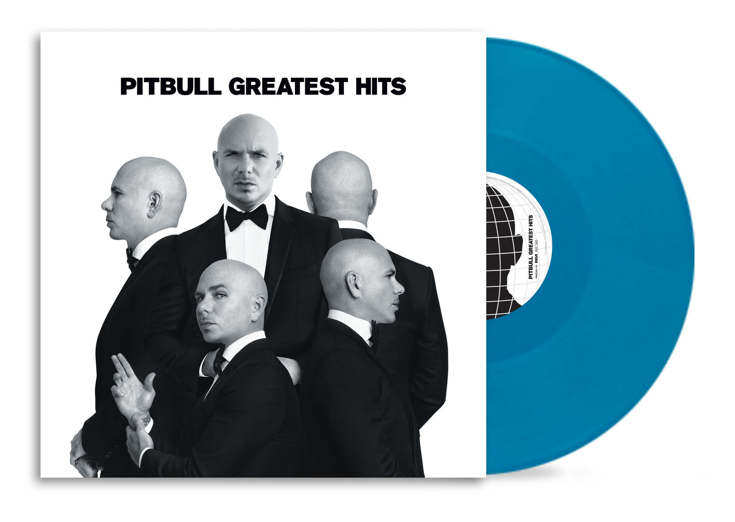 Pitbull Greatest Hits album cover with multiple images of Pitbull and a blue vinyl.