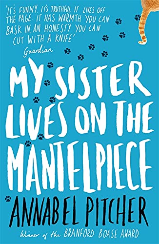 Book cover: "My Sister Lives on the Mantelpiece" with paw prints and a cat.