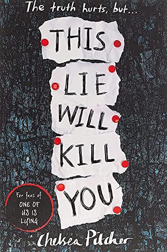 Book cover with torn paper strips pinned against a dark, textured background.
