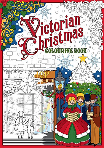 Victorian Christmas colouring book cover with snowy street scene and carolers.