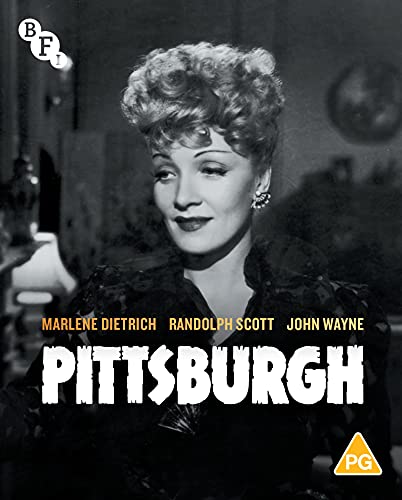 Black and white Blu-ray cover of "Pittsburgh" starring Marlene Dietrich.
