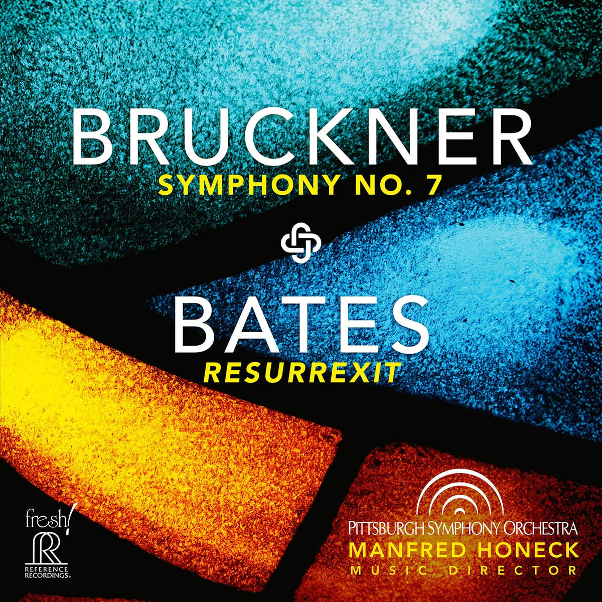 CD cover for Bruckner’s Symphony No. 7 and Bates’ Resurrexit, abstract design.