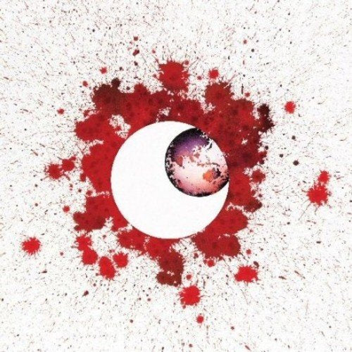 White background with red splatter and a crescent moon containing Earth.