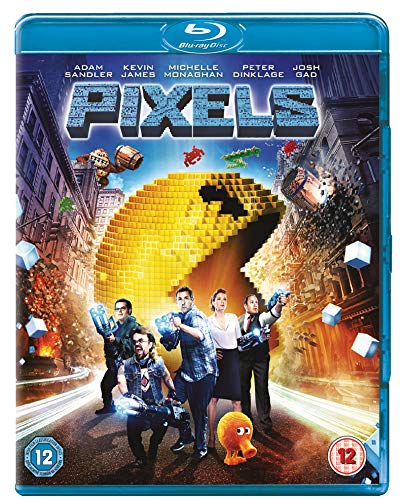 Blu-ray cover for Pixels featuring the cast and a large pixelated Pac-Man character.