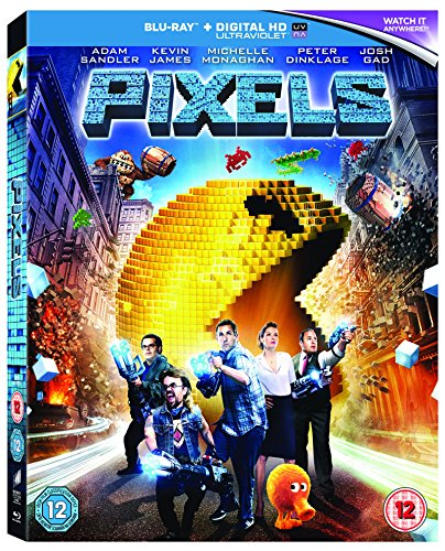 Pixels" Blu-ray cover featuring actors fighting pixelated video game characters.