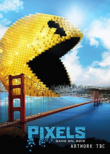 A pixelated Pac-Man character looming over the Golden Gate Bridge, with a cityscape.