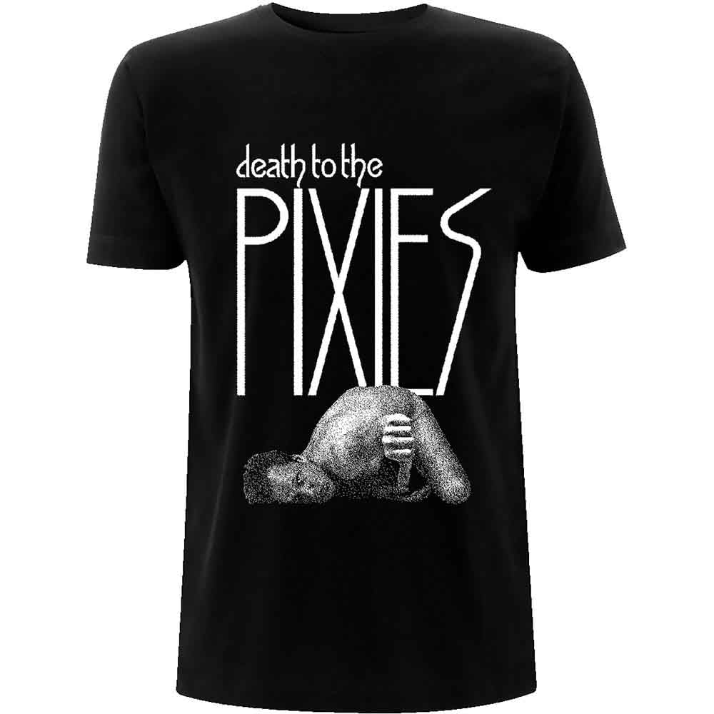 Black Pixies t-shirt with white text reading Death to the Pixies above a figure.