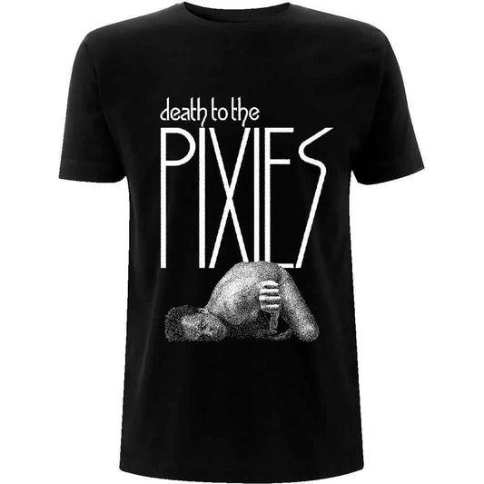 Black Pixies t-shirt with white text reading Death to the Pixies above a figure.