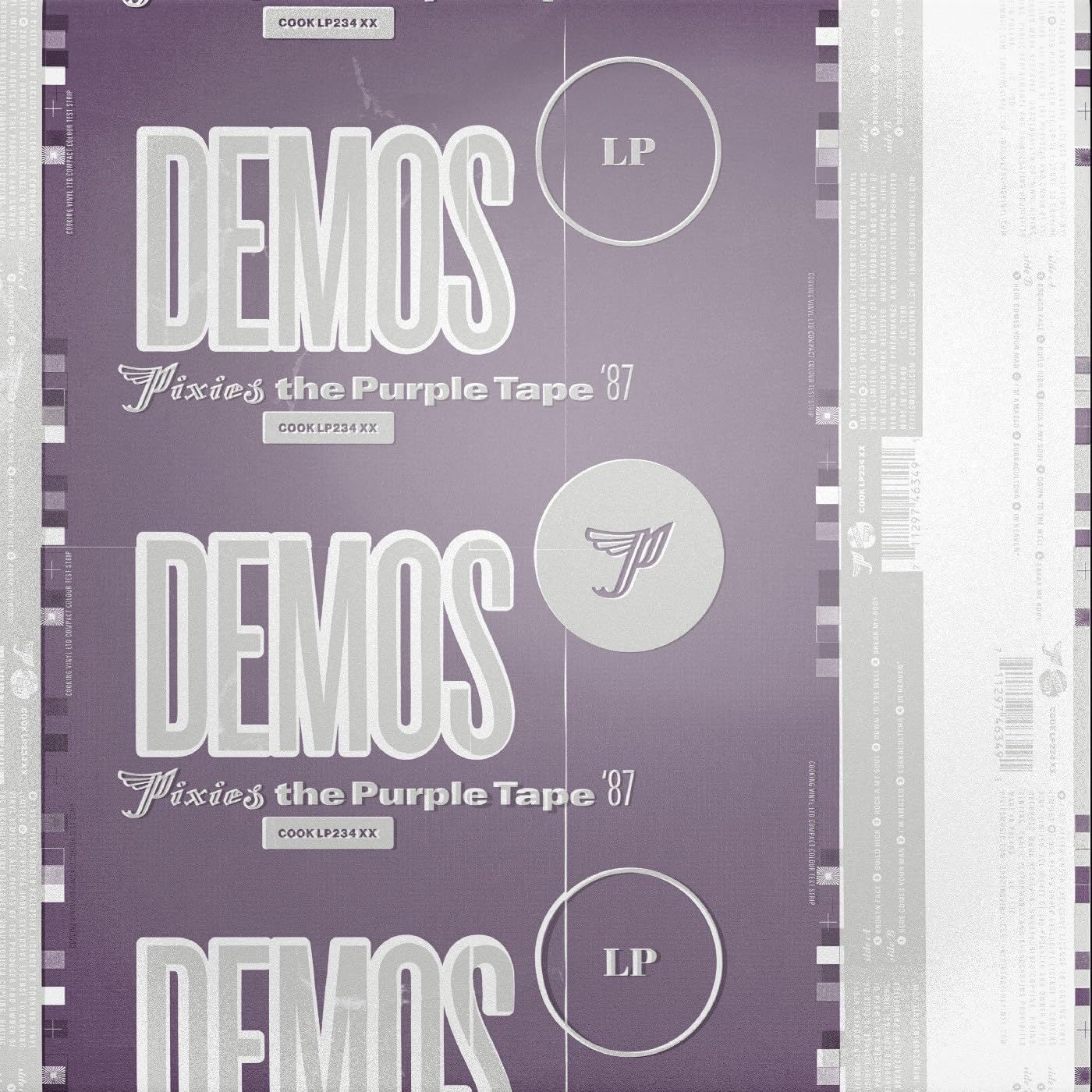 Pixies “Demos” vinyl LP cover, purple with repeated text and logos.