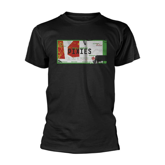 Black t-shirt with colorful Pixies “Head Carrier” album artwork print.