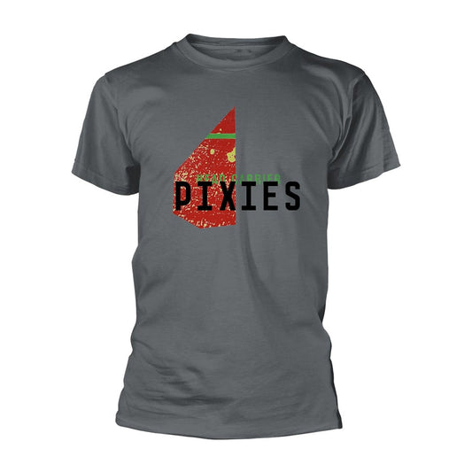 Grey t-shirt with a red and black Pixies album art graphic.
