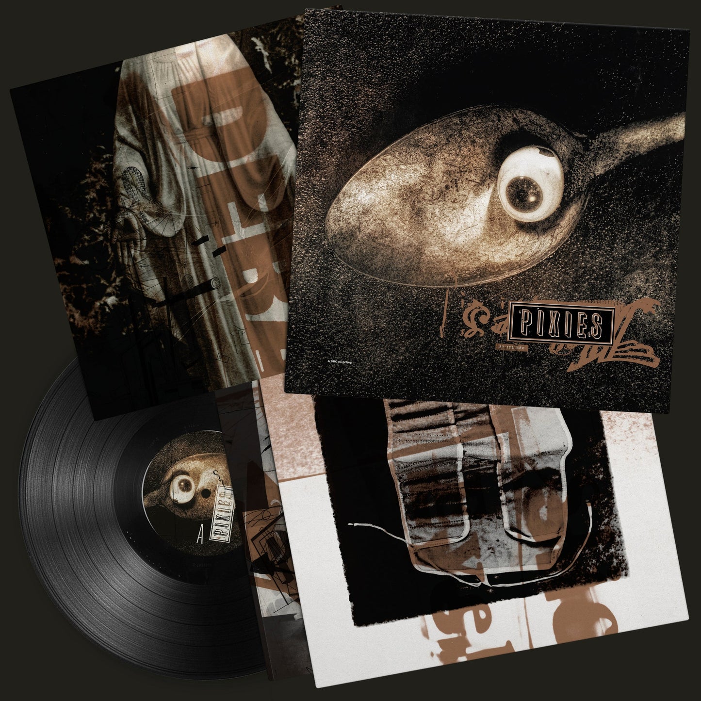 Pixies Live At The BBC vinyl record with album covers featuring surrealist imagery.