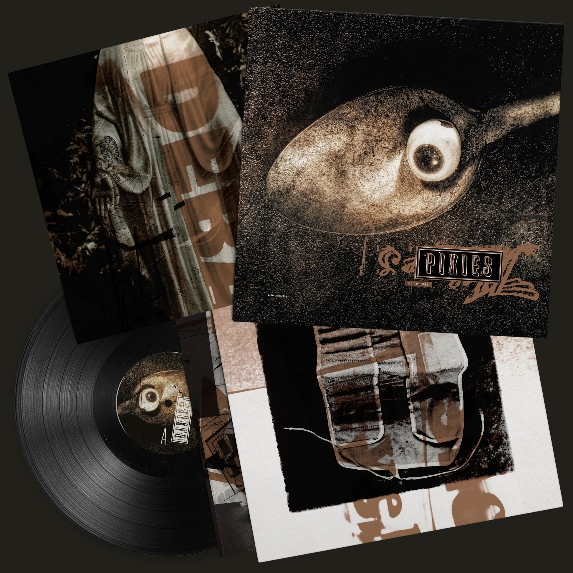 Pixies Live At The BBC vinyl record with album covers featuring surrealist imagery.