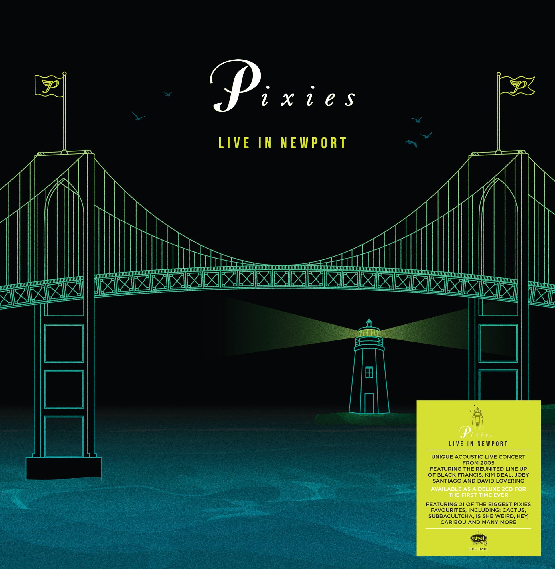 CD cover for Pixies' "Live In Newport" featuring a bridge illustration.