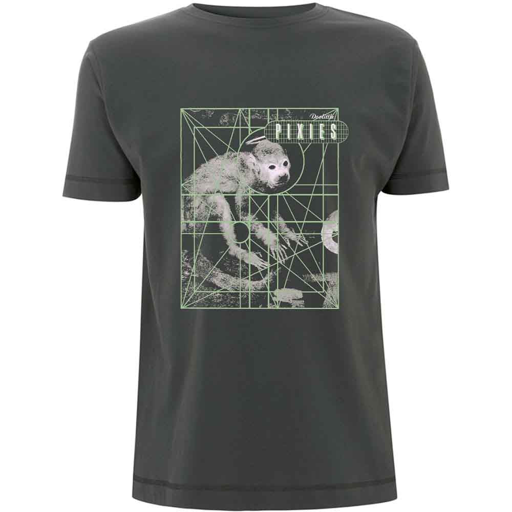 Dark grey t-shirt with a monkey graphic inside a green grid.
