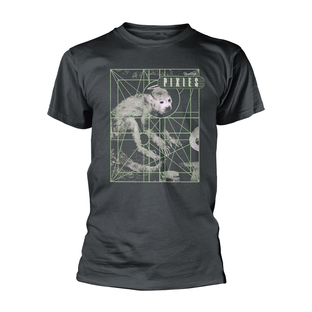 Black t-shirt with a graphic of a monkey inside a geometric grid.