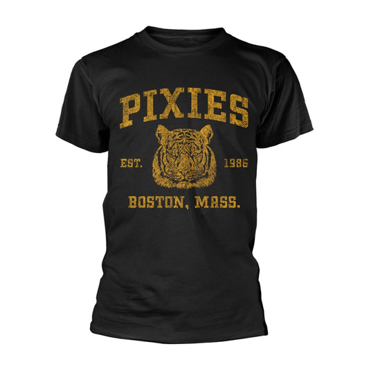 Black t-shirt with gold "Pixies" text and tiger graphic.