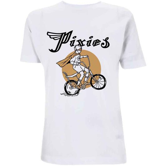 White t-shirt with black Pixies graphic of a cyclist on a bicycle.
