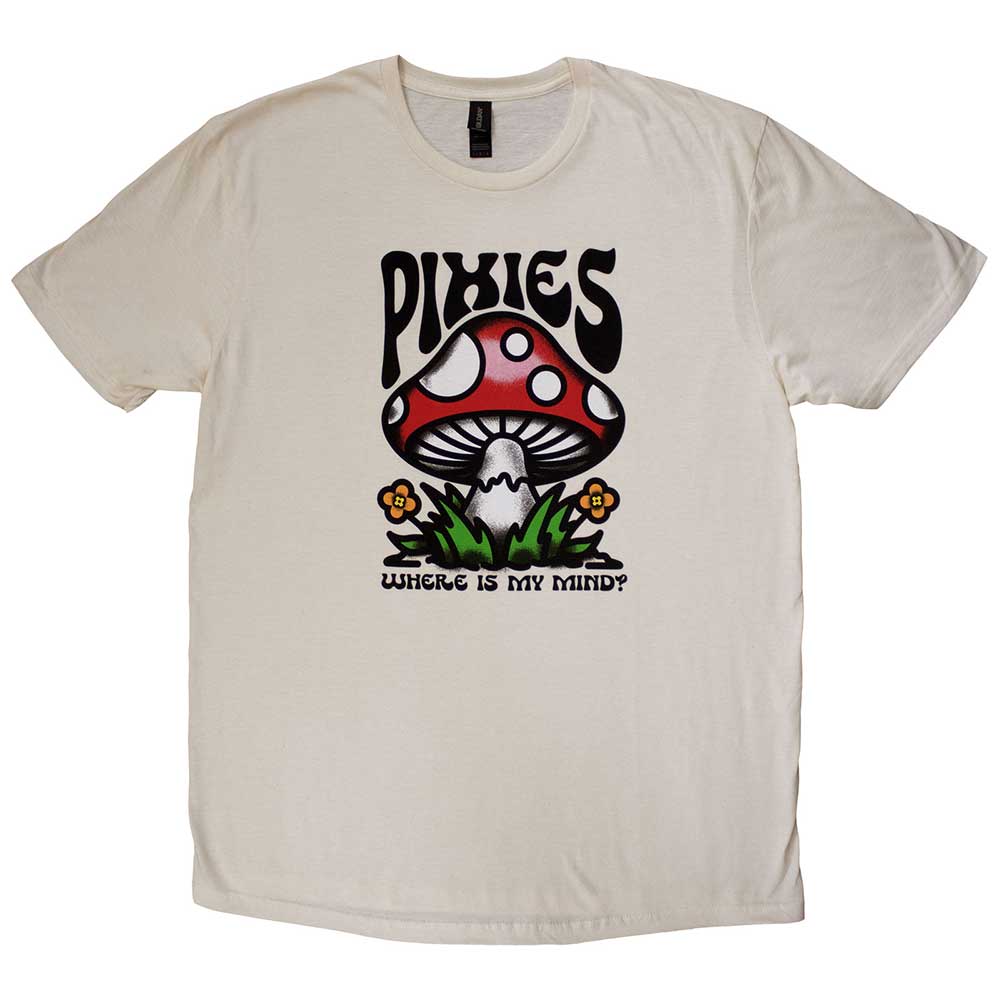 Small unisex t-shirt with a colorful mushroom and “Pixies” graphic print.