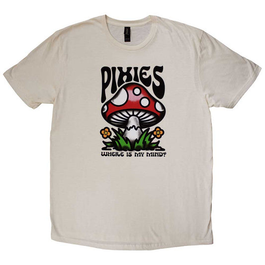 Small unisex t-shirt with a colorful mushroom and “Pixies” graphic print.