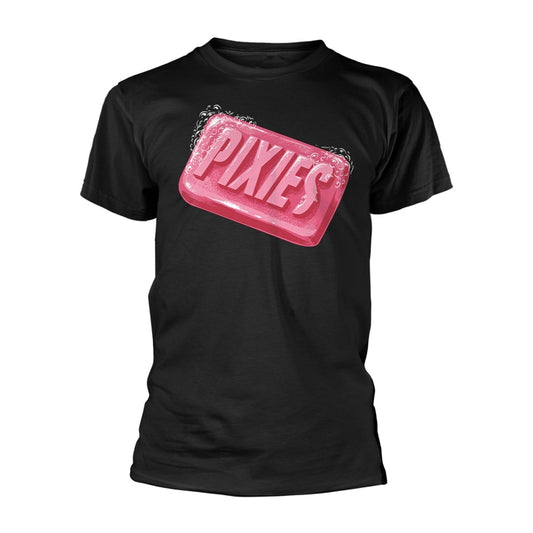 Black t-shirt with a pink soap bar graphic and “PIXIES” text.
