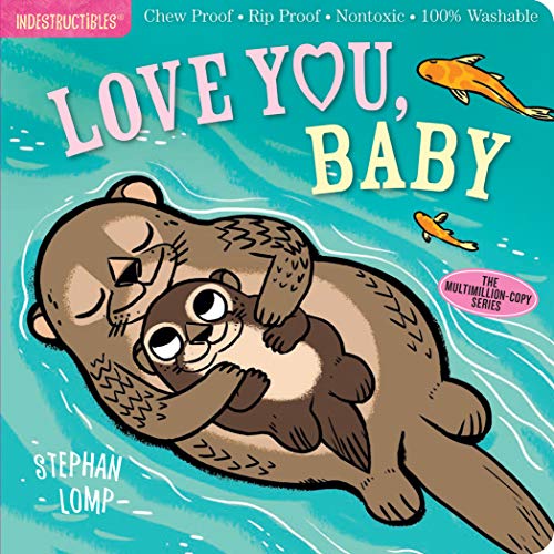 Illustration of an adult otter hugging a baby otter on a turquoise background.