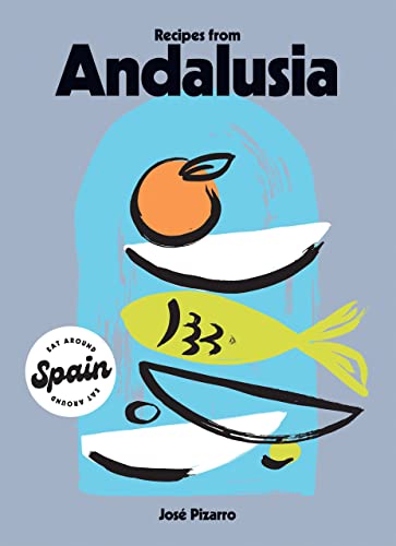 Cookbook cover: "Recipes from Andalusia" with illustrated olives and fish.