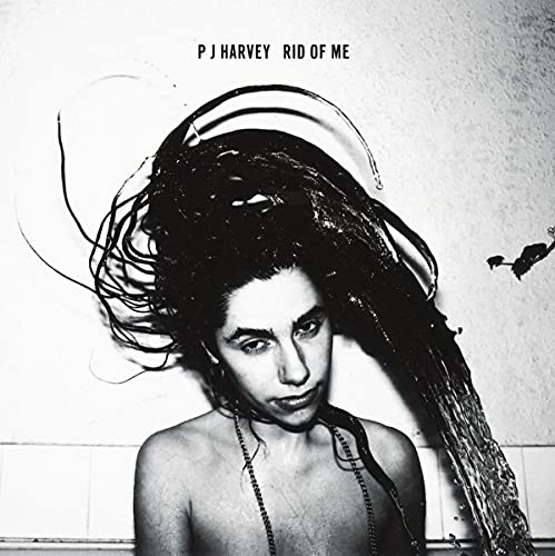 Black and white portrait of PJ Harvey with wet hair under a water stream.