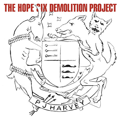 PJ Harvey album cover: black and white sketch of animals and heraldry.