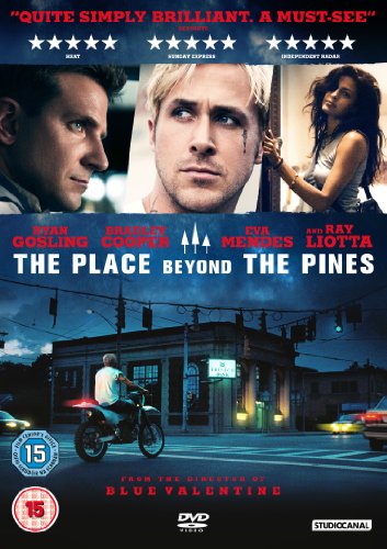 Movie poster for "The Place Beyond The Pines" featuring three actors and a motorcycle.