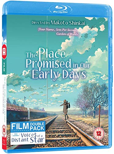 Blu-ray cover for anime films with a figure on train tracks.